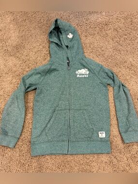 Roots Hoodie Kids Size XL Green/white Full zip Canada Beaver